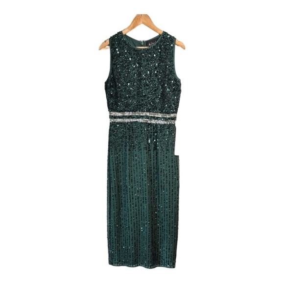 Mac Duggal Sleeveless High Neck Beaded Midi Sheath Dress in Emerald NWT - Picture 2 of 9